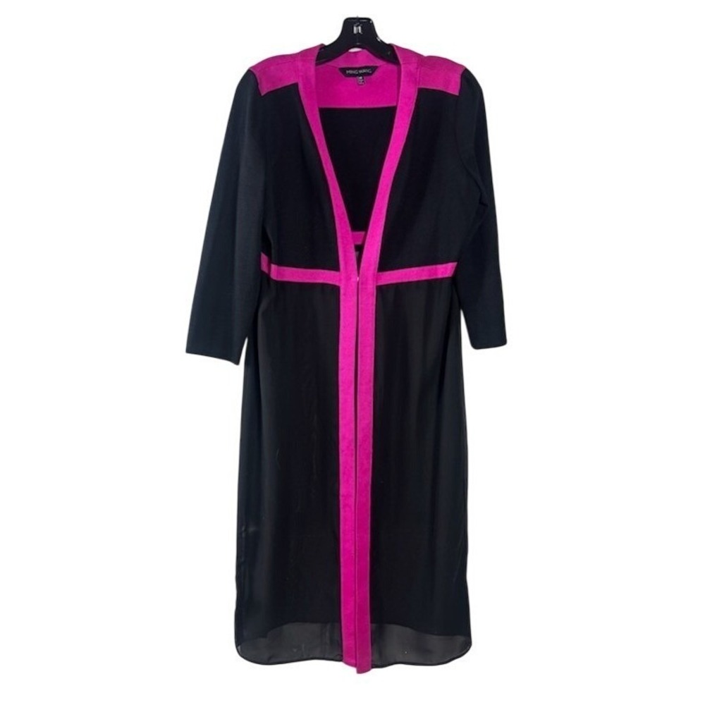 Ming Wang Knit Long Sweater Women's XS Black Pink Jacket Duster Cardigan Topper